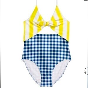 NORDSTROM Cutout Colorblock One-Piece Swimsuit.
NAVY GINGHAM-YELLOW STRIPE. (12)